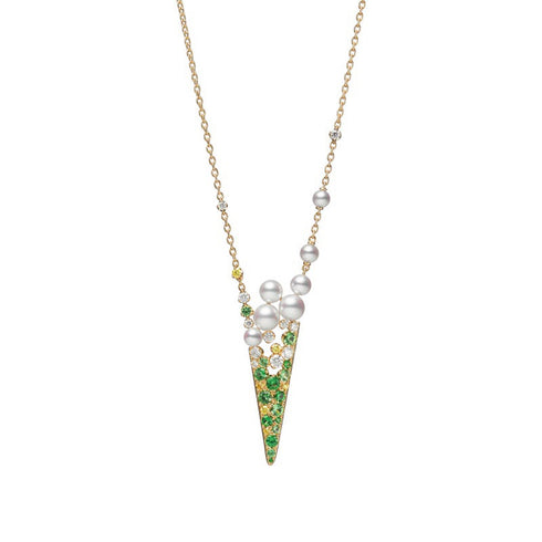 V Code Akoya Cultured Pearl Diamond and Garnet Pendant in 18K Yellow Gold - 1