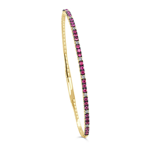 14K Gold Diamond & Ruby Alternating Flexible Bangle - 1