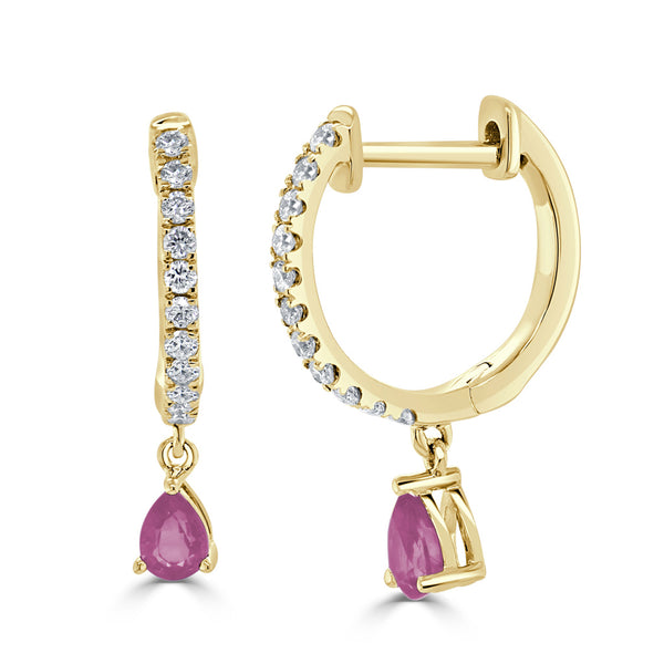 14K Gold Pink Tourmaline & Diamond Dangle Huggie Earrings - 1