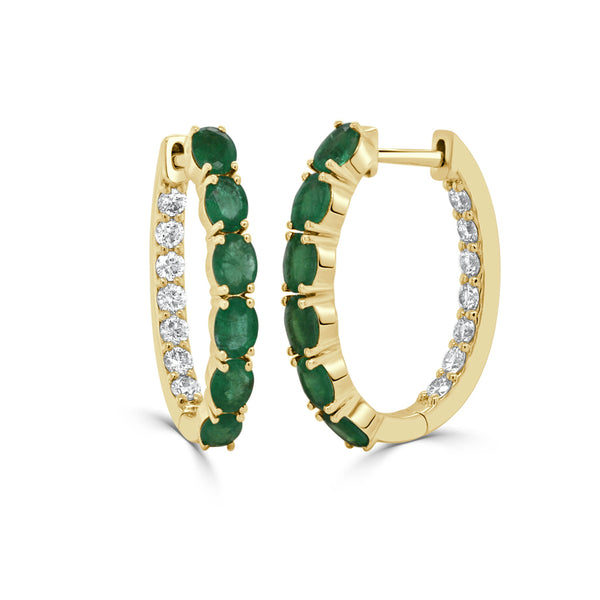 14K Oval Emerald & Diamond Hoop Earring - 1