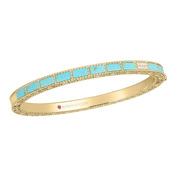 Mosaic Diamond Accent & Turquoise Bangle in 18K Yellow Gold - 2