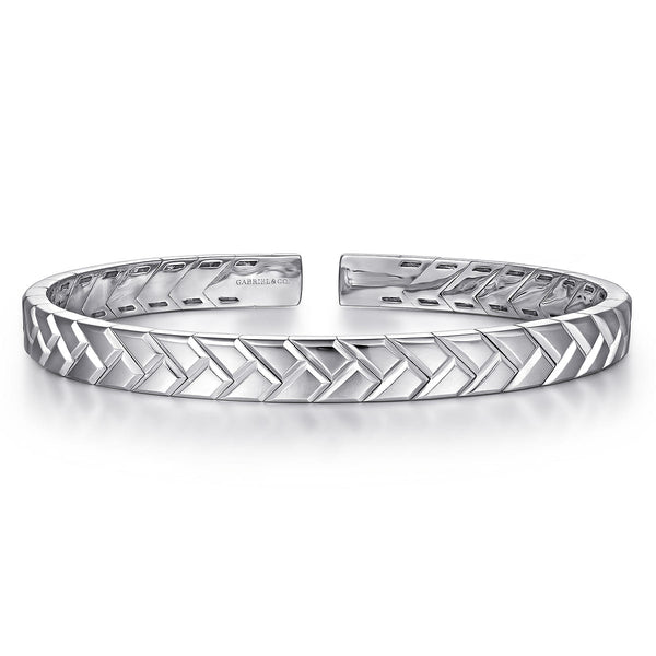 925 Sterling Silver Open Herringbone Cuff Bangle - 1