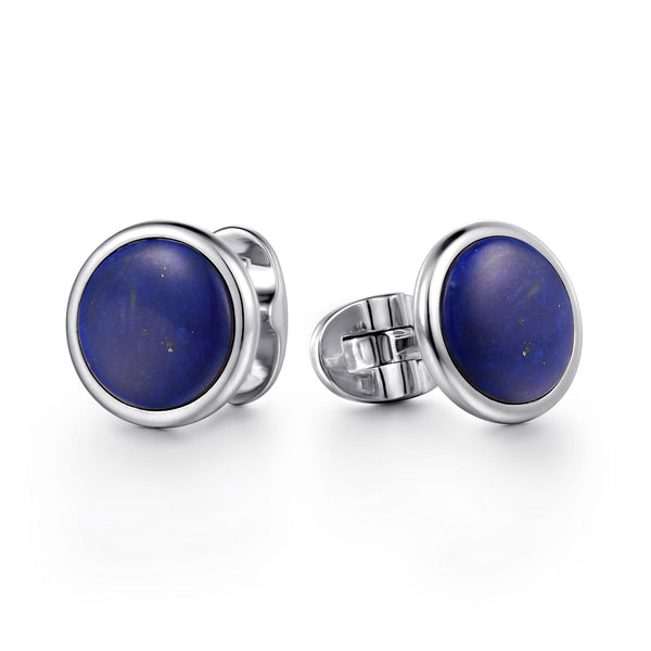 Contemporary 925 Sterling Silver Round Lapis Cufflinks - 2