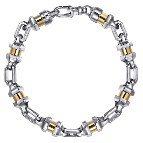 Classic 925 Sterling Silver and 14K Yellow Gold Men's Cylinder Bracelet - 2
