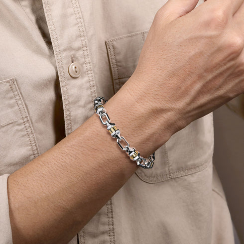 Classic 925 Sterling Silver and 14K Yellow Gold Men's Cylinder Bracelet - 4