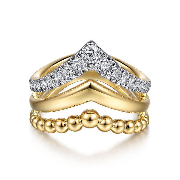 Bujukan Punk 14K Yellow Gold Triple Row Chevron Diamond Ring - 2