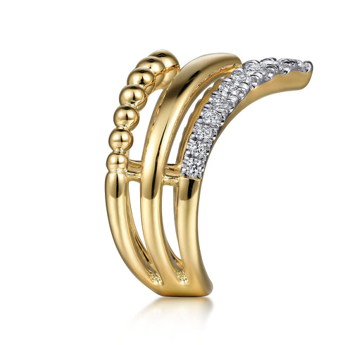 Bujukan Punk 14K Yellow Gold Triple Row Chevron Diamond Ring - 5