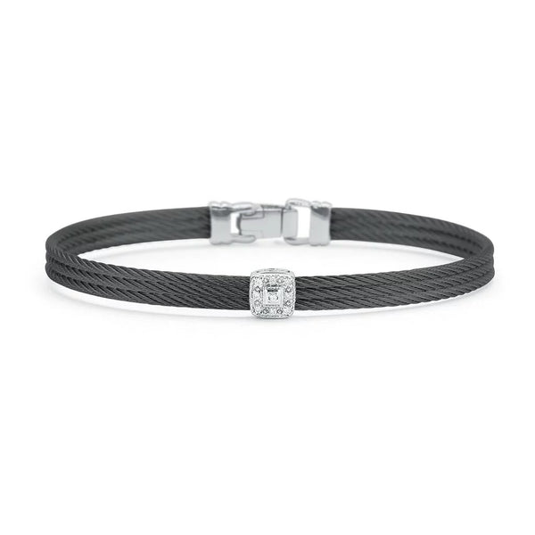 Black Cable Classic Stackable Bracelet with Single Square Station set in 18k White Gold - 1