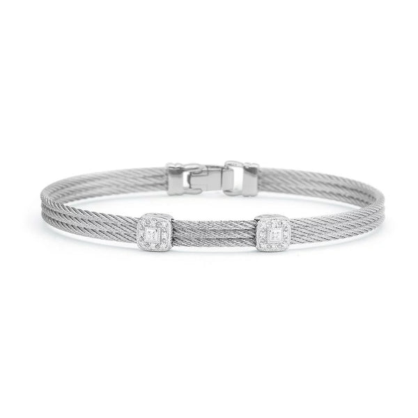 Grey Cable Classic Stackable Bracelet with Double Square Station set in 18k White Gold - 1