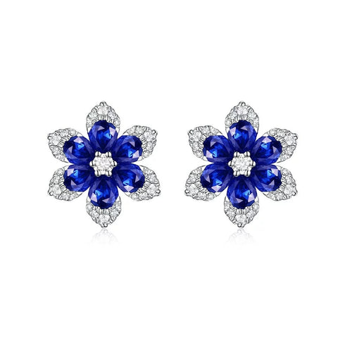 Flower Pave Stud 15mm Diamond And Blue Sapphire Earrings - 1