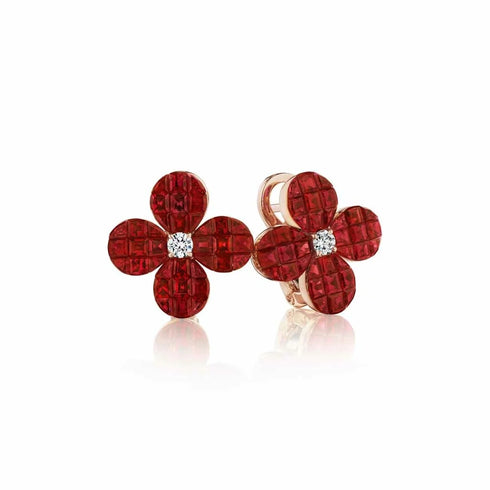 Flower Cluster Stud Ruby Earrings - 1