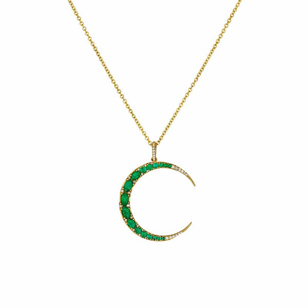 Yellow Gold Necklace With Emerald And Diamond Moon Pendant - 1