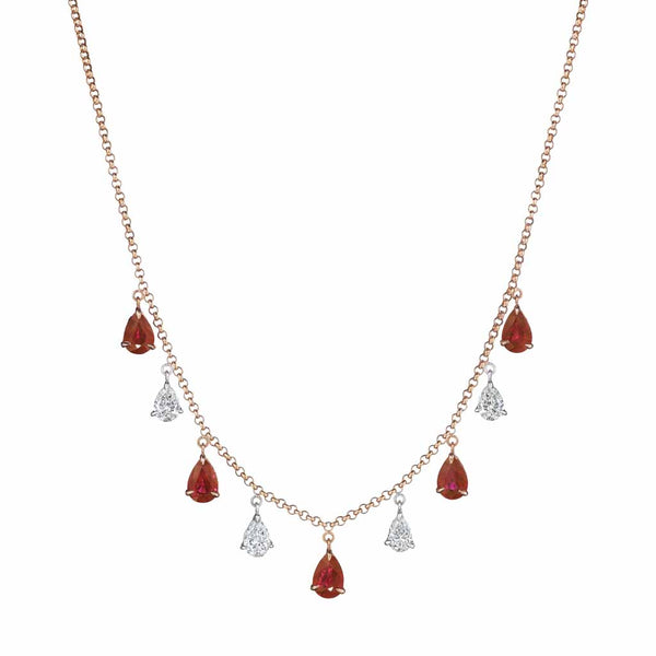 Dangle Prong Pear Diamond And Ruby Necklace - 1