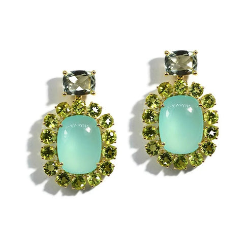 Sole Halo Cushion Drop Chalcedony And Peridot Earrings - 1