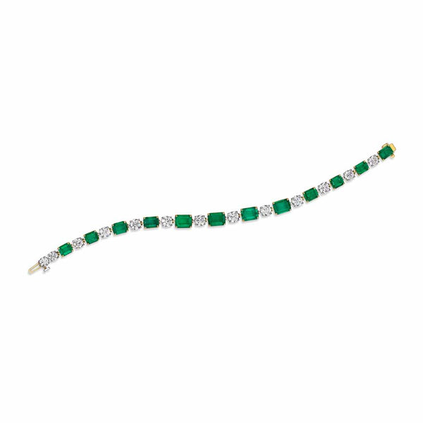 Yellow Gold Emerald And Round Diamond Alternating Tennis . Bracelet - 1