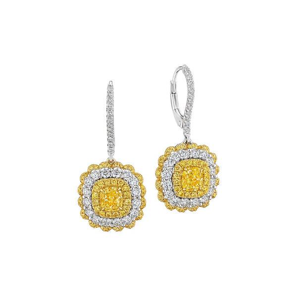 Halo Dangle Yellow Diamond And Diamond Earrings - 1
