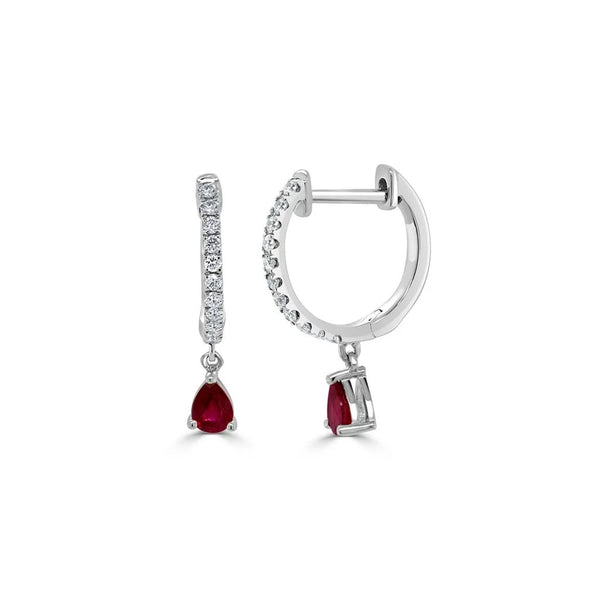 Diamond & Ruby Pear Shape Drop Earrings - 1