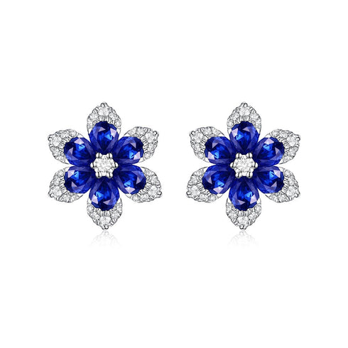 Flower Pave Stud 15mm Diamond And Blue Sapphire Earrings - 1