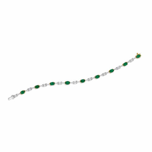 Yellow Gold Emerald And Baguette Diamond Alternating Tennis Bracelet - 1