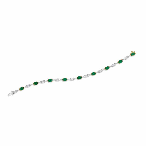 Yellow Gold Emerald And Baguette Diamond Alternating Tennis Bracelet - 1