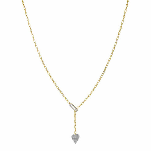 Yellow Gold Lariat Paperclip Necklace With Diamond Heart Pendant - 1