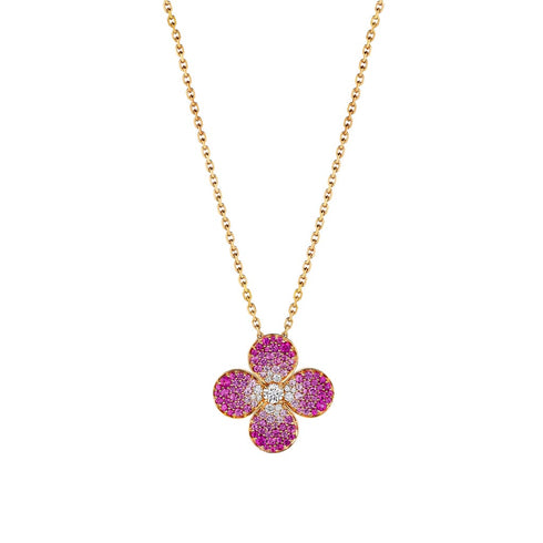 Rose Gold Necklace With Clover Shaped Pink Sapphire And Diamond Pendant - 1