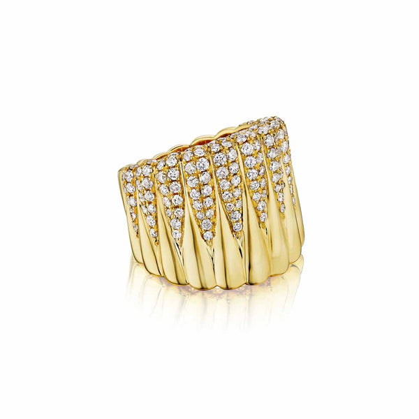 Yellow Gold Wide Ring With 1.35ctw Pave Diamonds Fashion Ring - 1