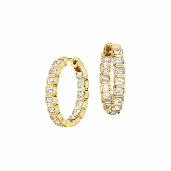 Yellow Gold Bezel Set Hoop With 3.00ctw Emerald Cut Diamonds Earrings - 1