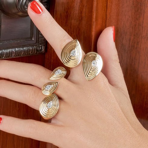 Pear Shape Diamond Layered Signet E-W Ring Fashion Ring - 2