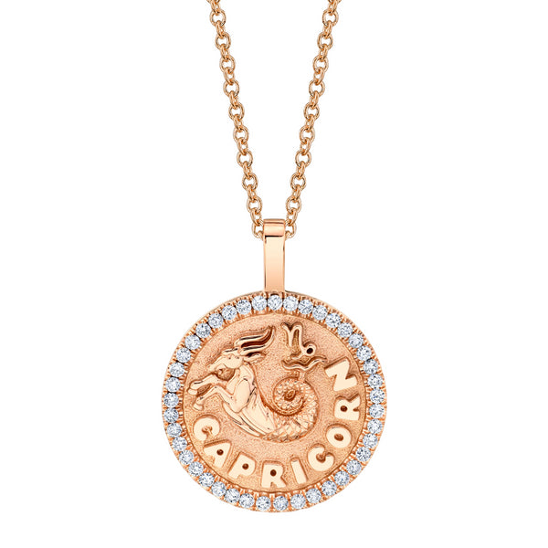 Capricorn Zodiac Coin Pendant with Diamond Frame in 18K Gold - 2