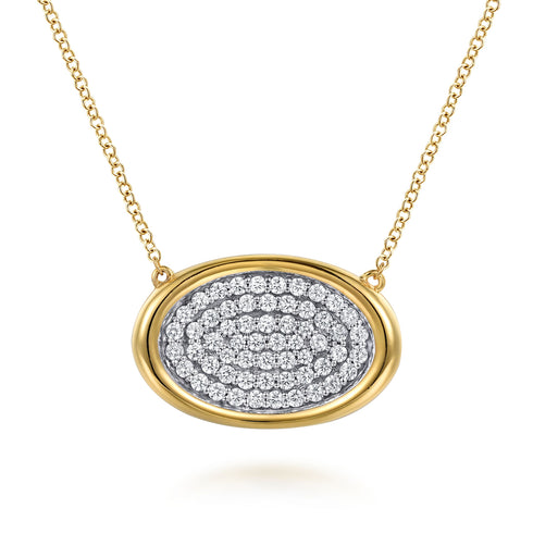 Fiora 14K White and Yellow Gold Pave Diamond Horizontal Oval Pendant Necklace - 1