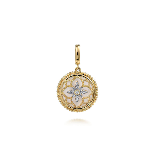 Floral Bujukan Diamond and Mother of Pearl Medallion Pendant in 14K Yellow Gold - 2