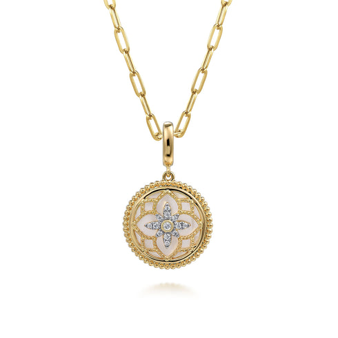 Floral Bujukan Diamond and Mother of Pearl Medallion Pendant in 14K Yellow Gold - 4