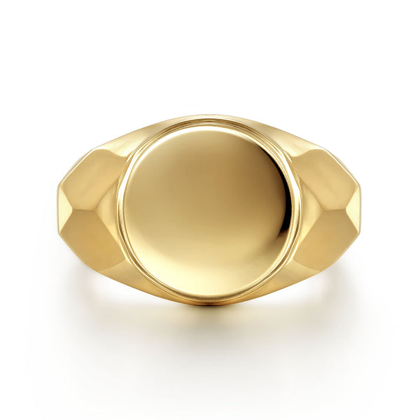 Facets 14K Yellow Gold Round Signet Ring in High Polished Finish - 2