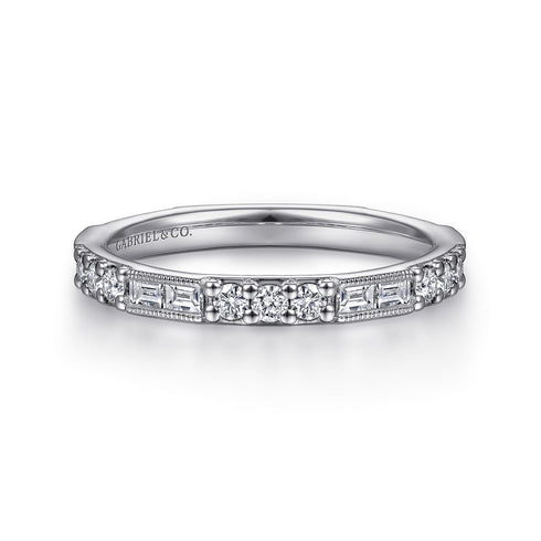 14K White Gold Baguette and Round Diamond Stackable Ring - 1