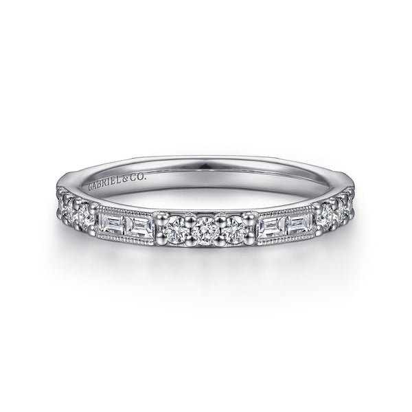 14K White Gold Baguette and Round Diamond Stackable Ring - 1