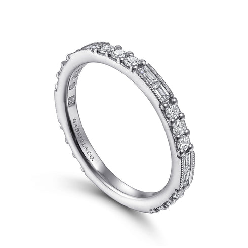 14K White Gold Baguette and Round Diamond Stackable Ring - 3
