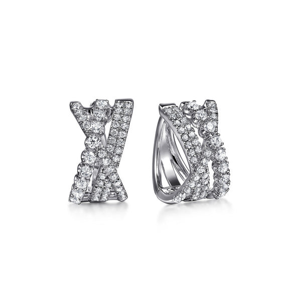 Lusso 14K White Gold Diamond Criss Cross Huggie Earrings - 2
