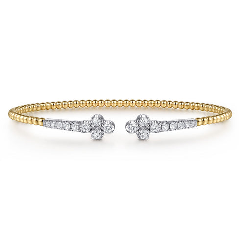 Bujukan 14K White and Yellow Gold Diamond Clover Open Bangle Bracelet - 1