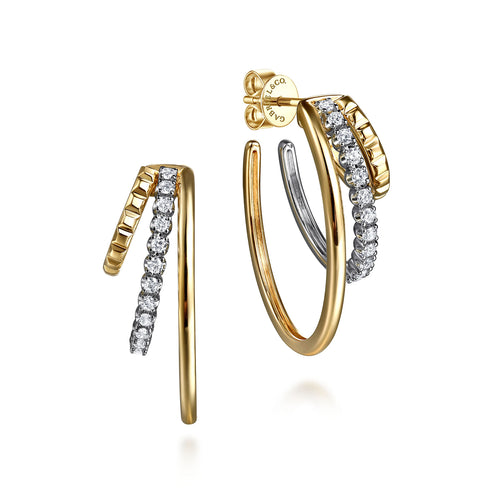 Diamond Three Row J Hoop Stud Earrings in 14K White and Yellow Gold - 2