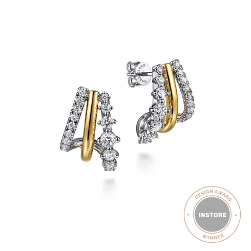 Gabriel & Co. 14K White Yellow Gold Graduating Diamond J Hoop Stud Earrings - 2
