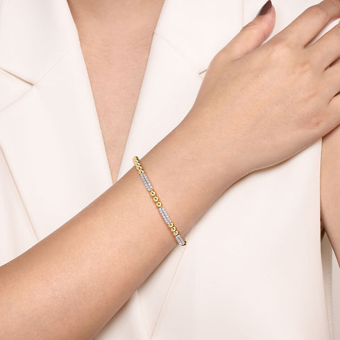 Bujukan Diamond Pave Three Station Bar Bangle Bracelet in 14K White and Yellow Gold - 5