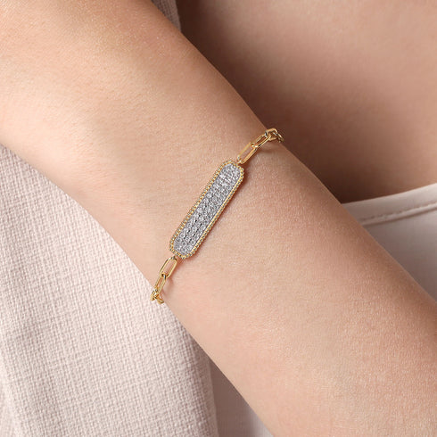 Bujukan 14K Yellow Gold Diamond Pave Wide Bar Hollow Chain Bracelet - 4