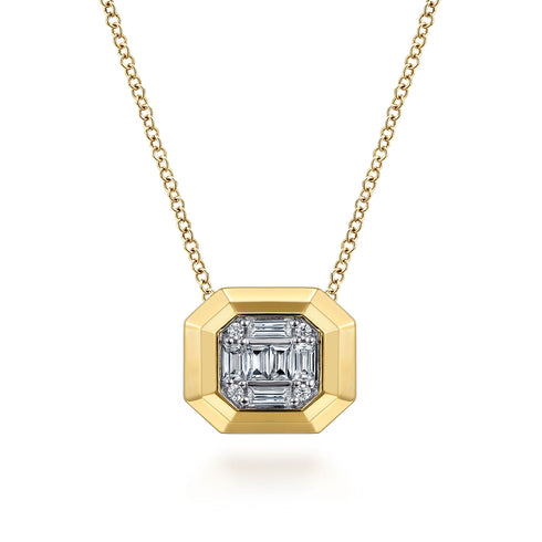 Geometric Baguette and Round Diamond Pendant Necklace in 14K Yellow Gold - 2