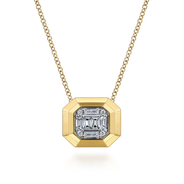 Geometric Baguette and Round Diamond Pendant Necklace in 14K Yellow Gold - 2