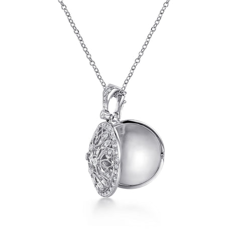Vintage Inspired 14K White Gold Filigree Diamond Locket Necklace - 2