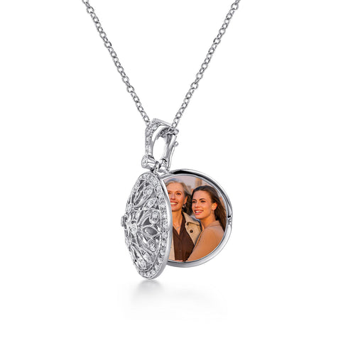 Vintage Inspired 14K White Gold Filigree Diamond Locket Necklace - 3