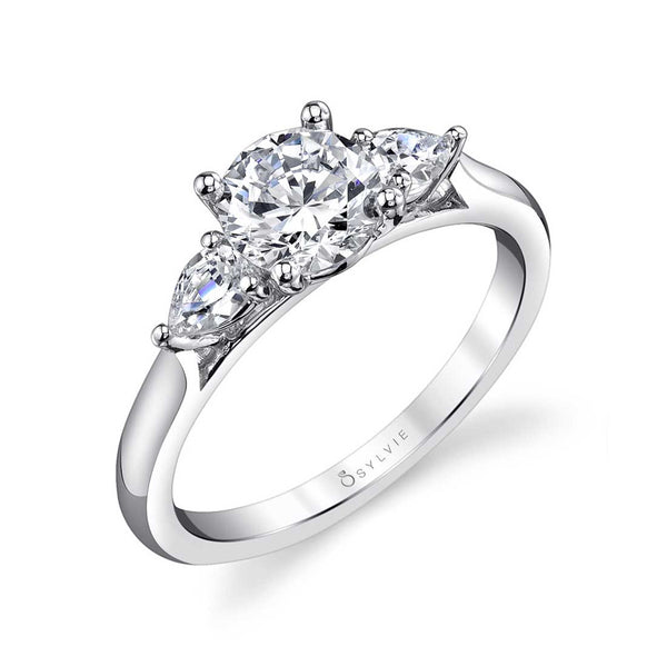 Round Diamond Three-Stone Style Engagement Ring with Pear Accents - 1