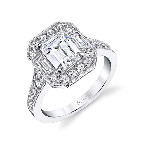 Emerald Cut Modern Vintage Halo Engagement Ring - Cassie - 1