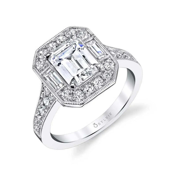 Emerald Cut Modern Vintage Halo Engagement Ring - Cassie - 1
